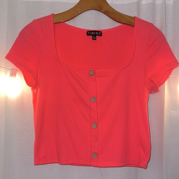 Timing Tops - Large neon pink square neck crop top.